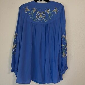 Silk Bob Mackie Wearable Art Vintage Sky Blue Button Up Cardigan blouse shirt
